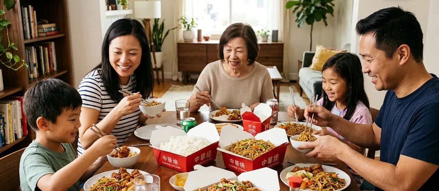 Family of five sharing Chinese takeout boxes of rice, chow mein and orange chicken at home