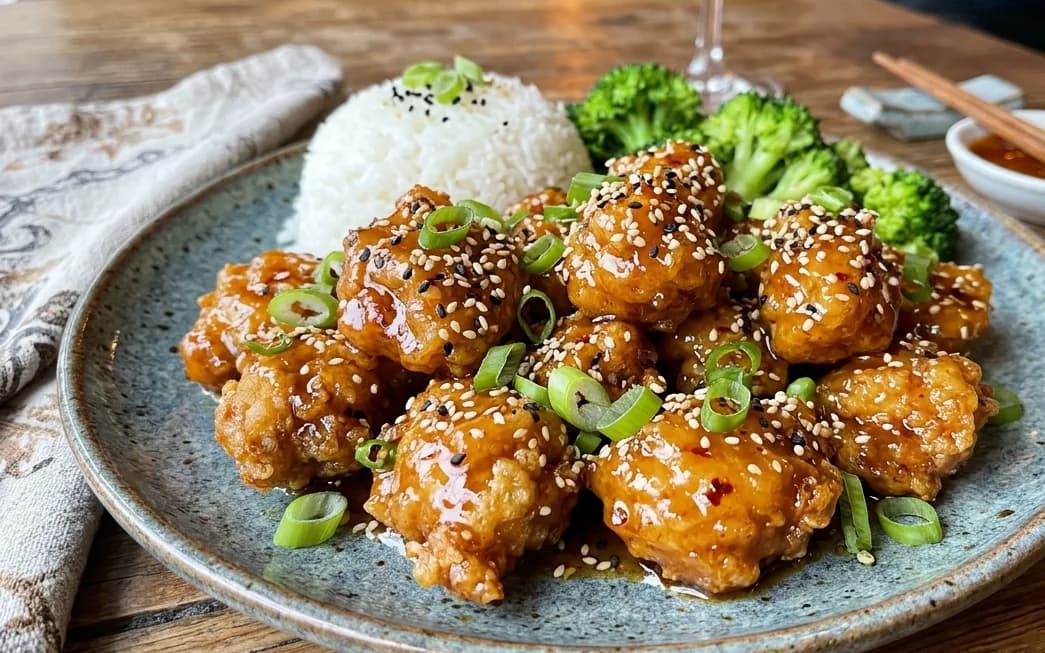 Plate of sesame-topped orange chicken with steamed rice and broccoli