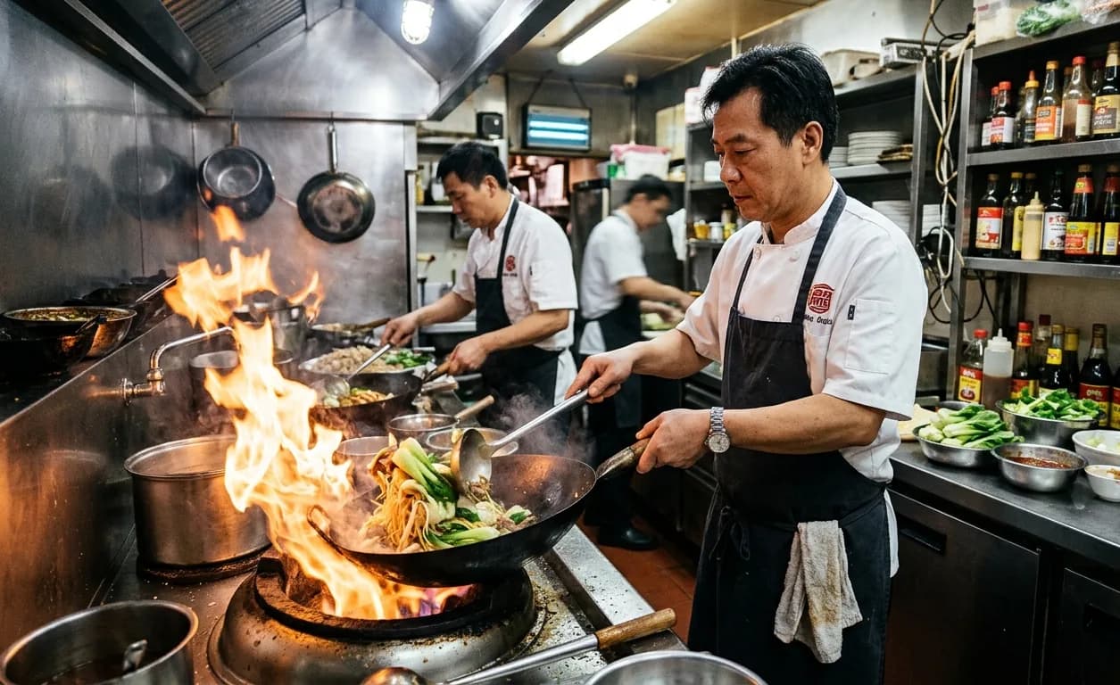 Cook tossing noodles and bok choy in a flaming wok in a busy Chinese restaurant kitchen