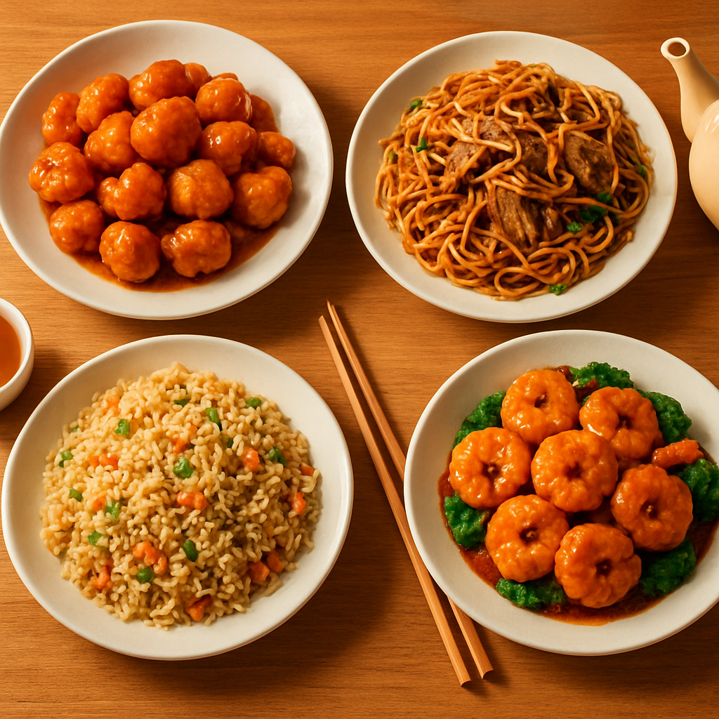 A warm spread of Chinese dishes including orange chicken, chow mein, and fried rice at Mark's Kitchen in Fresno